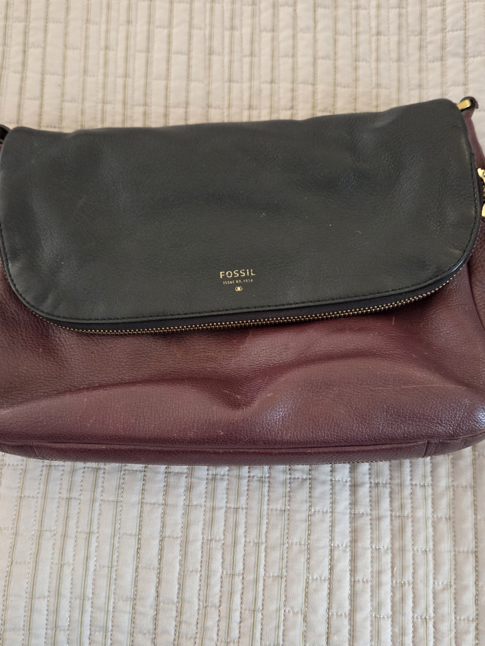 Fossil Two-Tone Black and Burgundy Leather Crossbody Bag